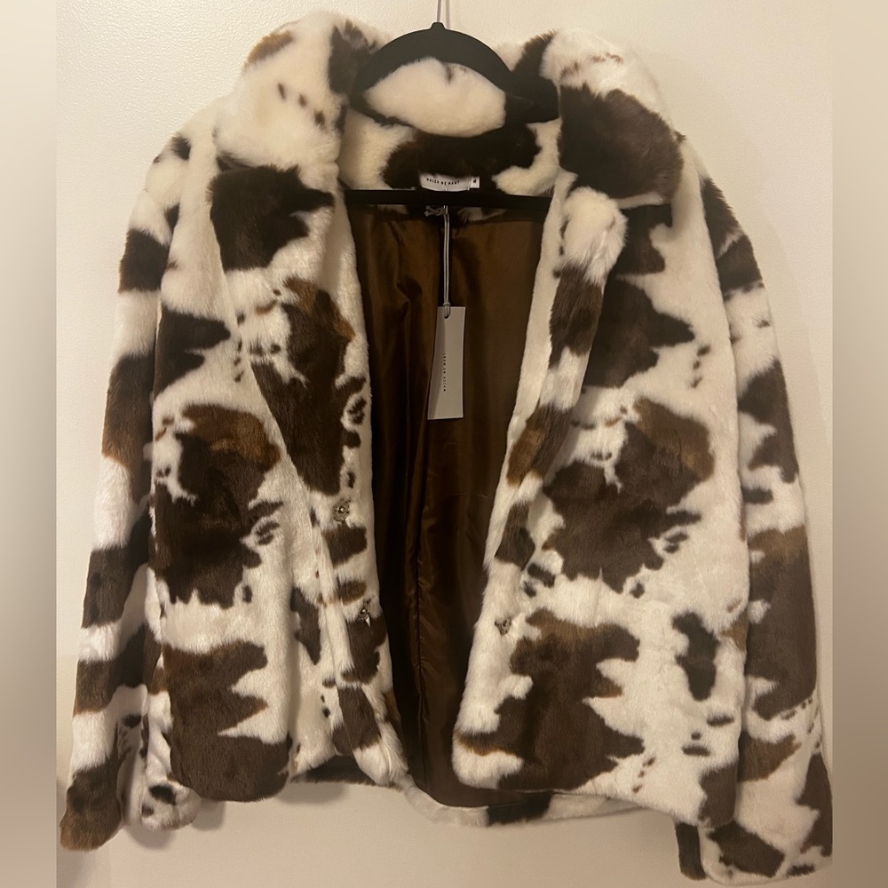 Which We Want cow print fur coat, size small | NWT